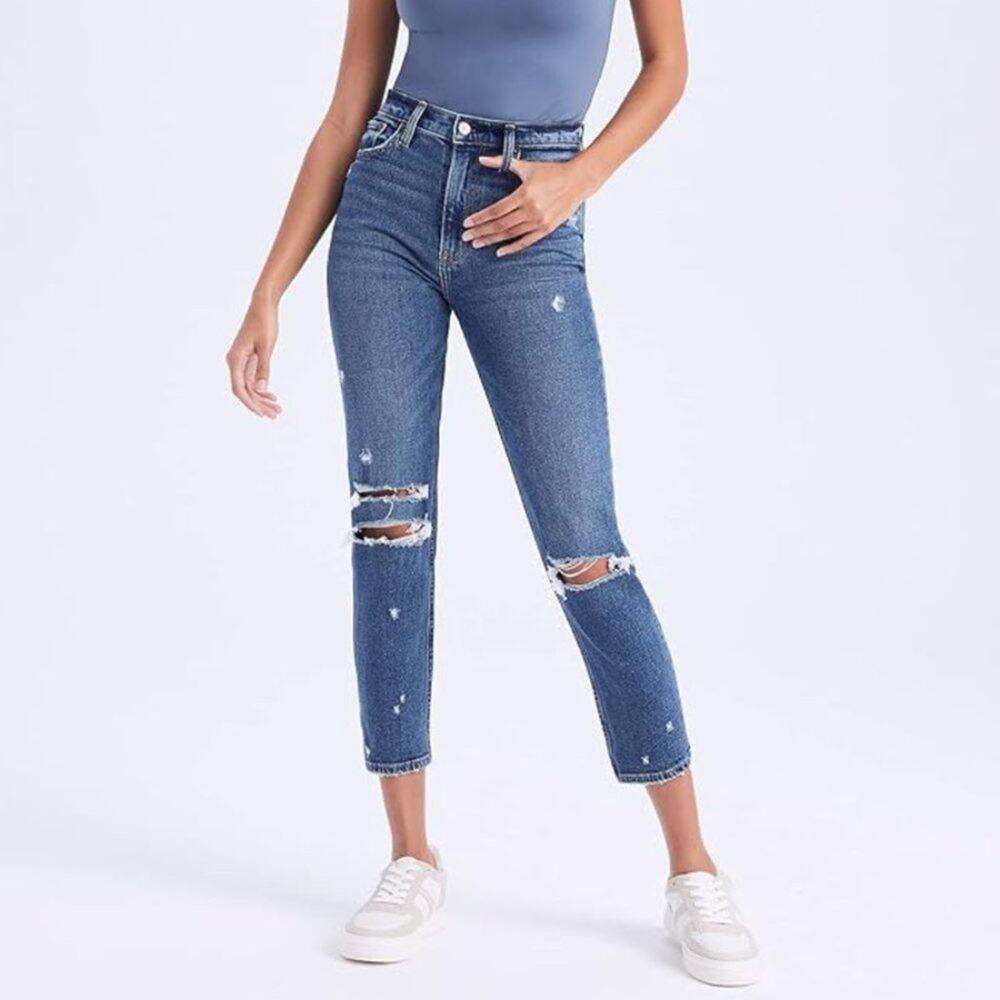 NEW Abercrombie The Mom High Rise Distressed Raw Notched Hem Jeans Sz 37L Long